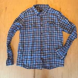 Patagonia Men's Casual Blue and Brown Checkered Shirt